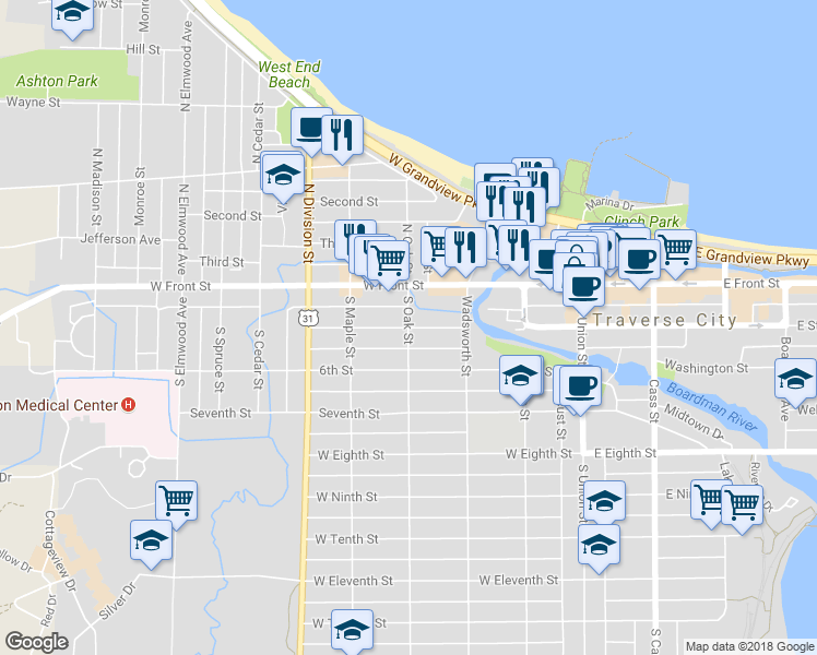 map of restaurants, bars, coffee shops, grocery stores, and more near Fifth Street in Traverse City