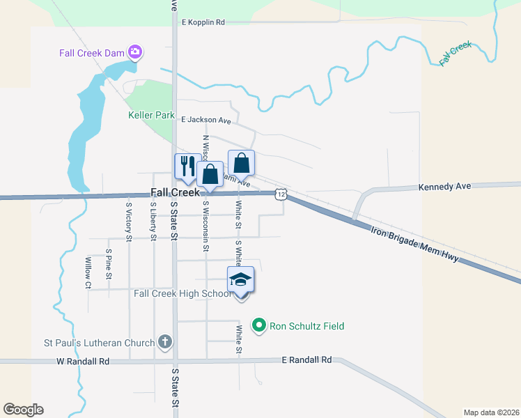map of restaurants, bars, coffee shops, grocery stores, and more near 407 E Roosevelt Ave in Fall Creek