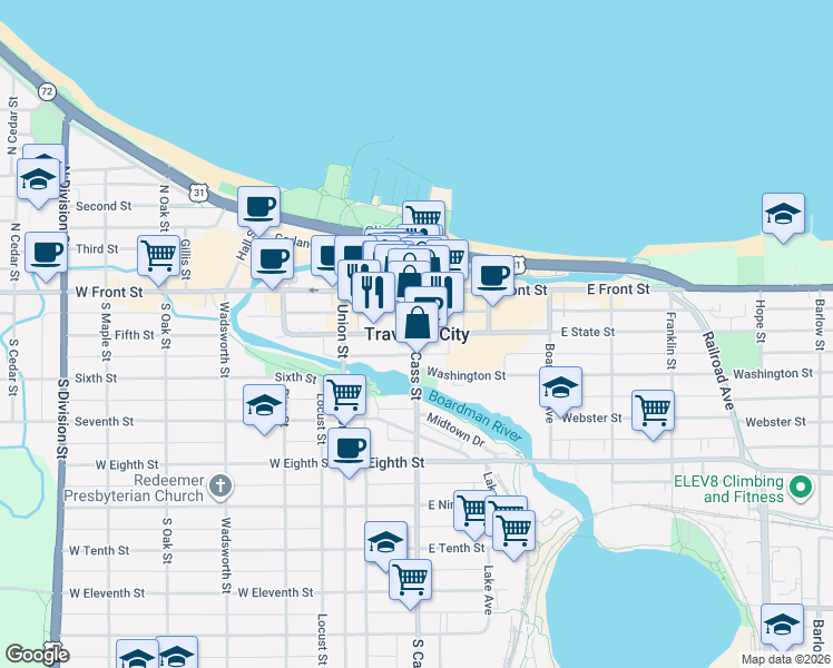map of restaurants, bars, coffee shops, grocery stores, and more near in Traverse City