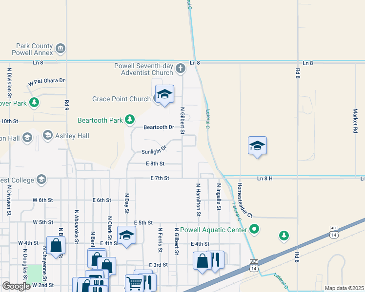 map of restaurants, bars, coffee shops, grocery stores, and more near 912 Road 8 1/2 in Powell