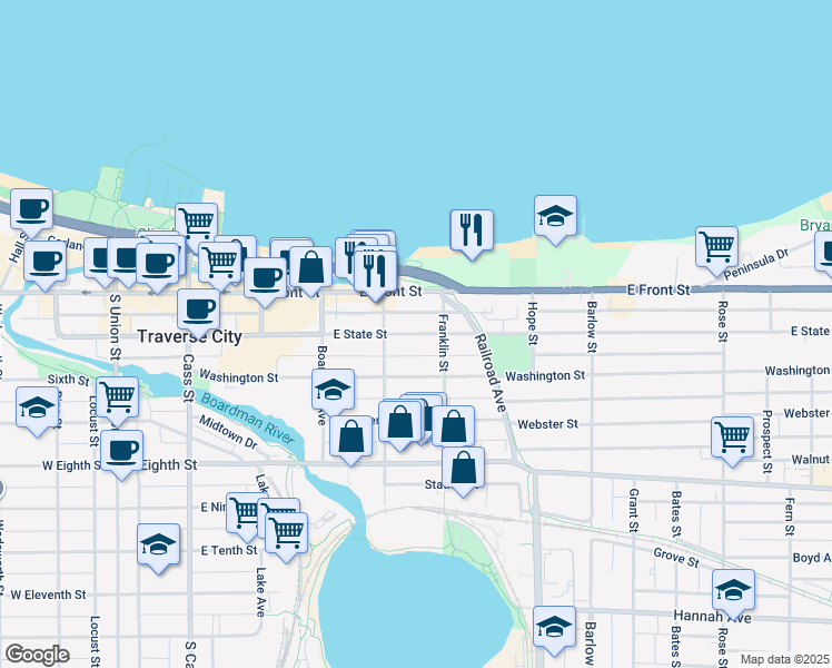 map of restaurants, bars, coffee shops, grocery stores, and more near 529 East State Street in Traverse City