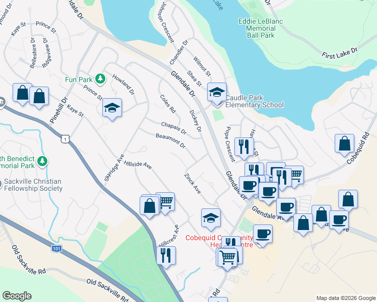 map of restaurants, bars, coffee shops, grocery stores, and more near 17 Beaumont Drive in Lower Sackville