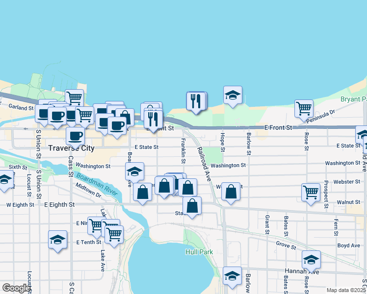 map of restaurants, bars, coffee shops, grocery stores, and more near 601 E State St in Traverse City