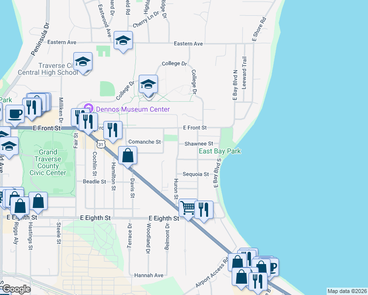 map of restaurants, bars, coffee shops, grocery stores, and more near 1908 Shawnee Street in Traverse City