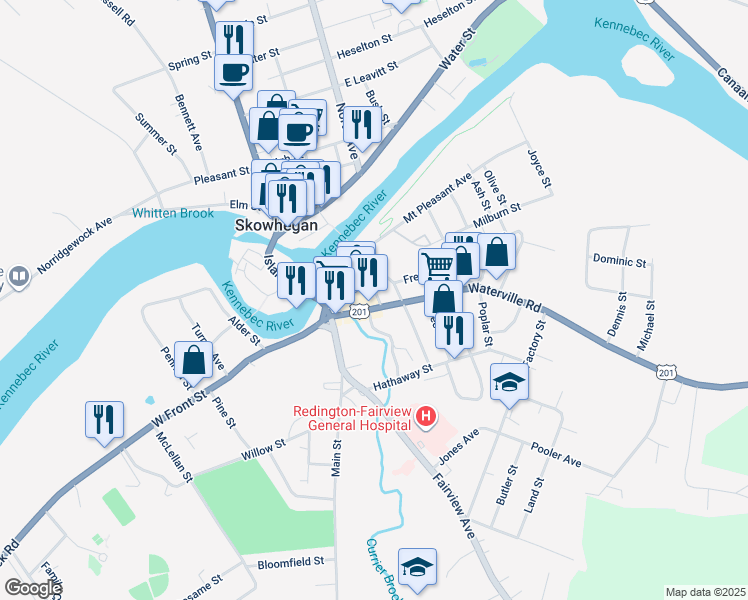 map of restaurants, bars, coffee shops, grocery stores, and more near 14 Cedar Street in Skowhegan