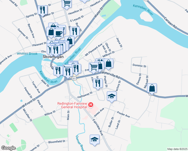 map of restaurants, bars, coffee shops, grocery stores, and more near 47 Waterville Road in Skowhegan