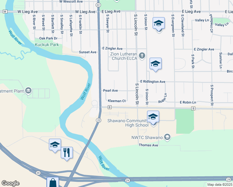 map of restaurants, bars, coffee shops, grocery stores, and more near 241 Pearl Avenue in Shawano