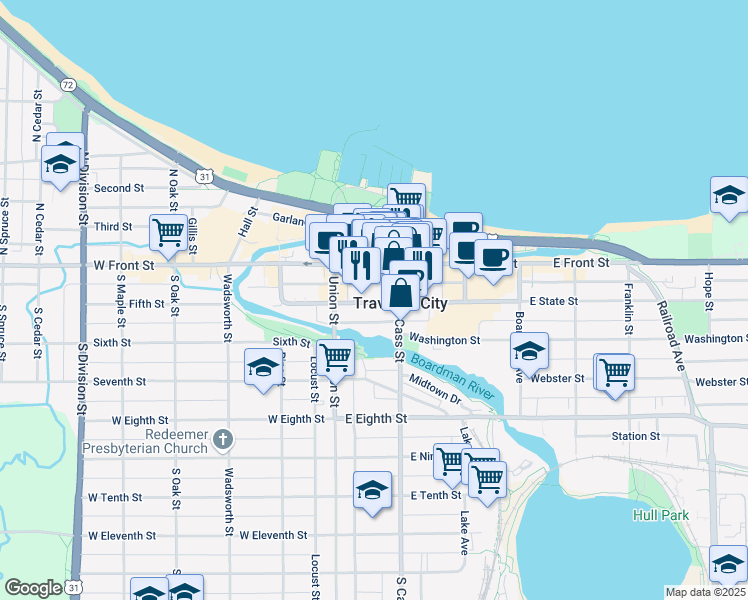 map of restaurants, bars, coffee shops, grocery stores, and more near 135 E State St in Traverse City