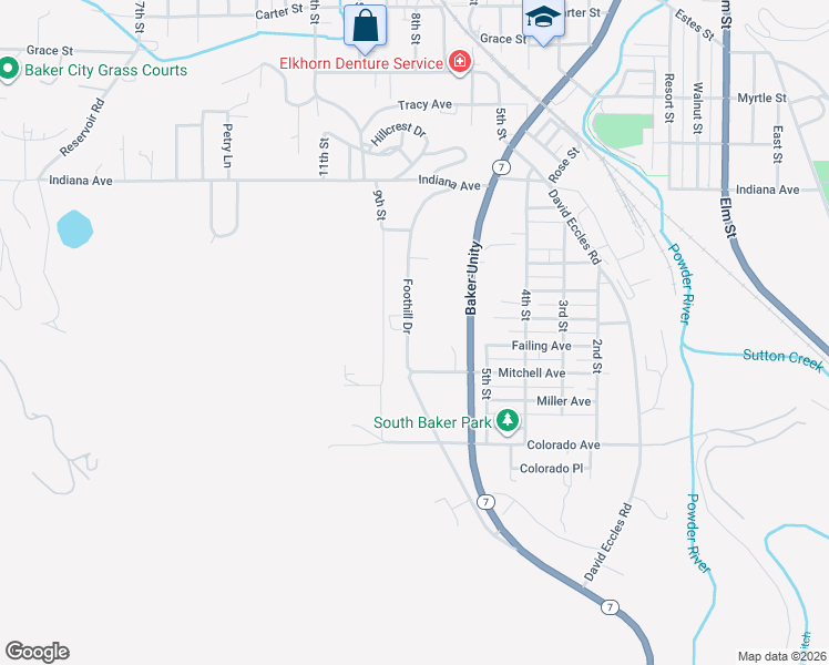 map of restaurants, bars, coffee shops, grocery stores, and more near 320 Foothill Drive in Baker City