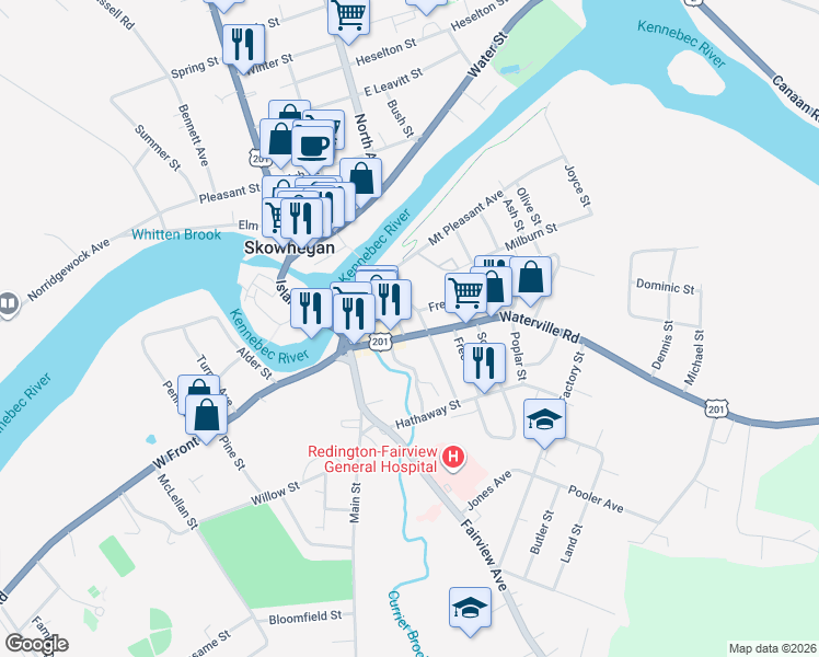 map of restaurants, bars, coffee shops, grocery stores, and more near 14 Cedar Street in Skowhegan