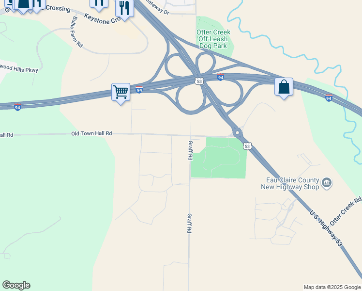 map of restaurants, bars, coffee shops, grocery stores, and more near 5750 Old Town Hall Road in Eau Claire