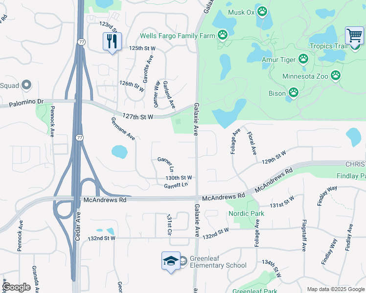 map of restaurants, bars, coffee shops, grocery stores, and more near 7034 128th Street Court in Apple Valley