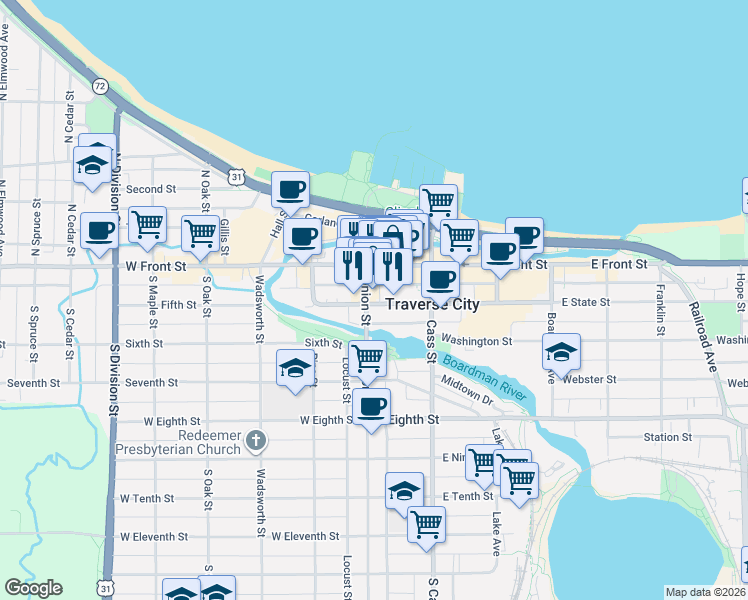 map of restaurants, bars, coffee shops, grocery stores, and more near in Traverse City