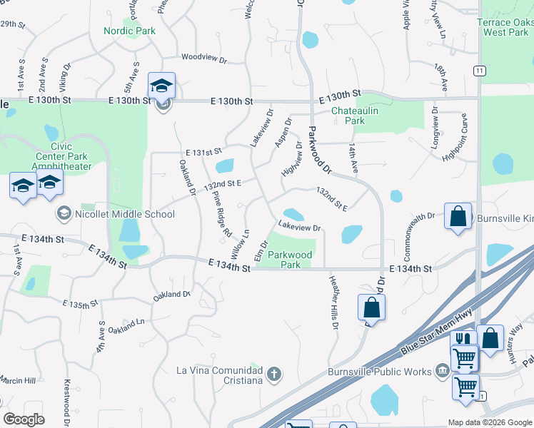map of restaurants, bars, coffee shops, grocery stores, and more near 13224 Lakeview Drive in Burnsville