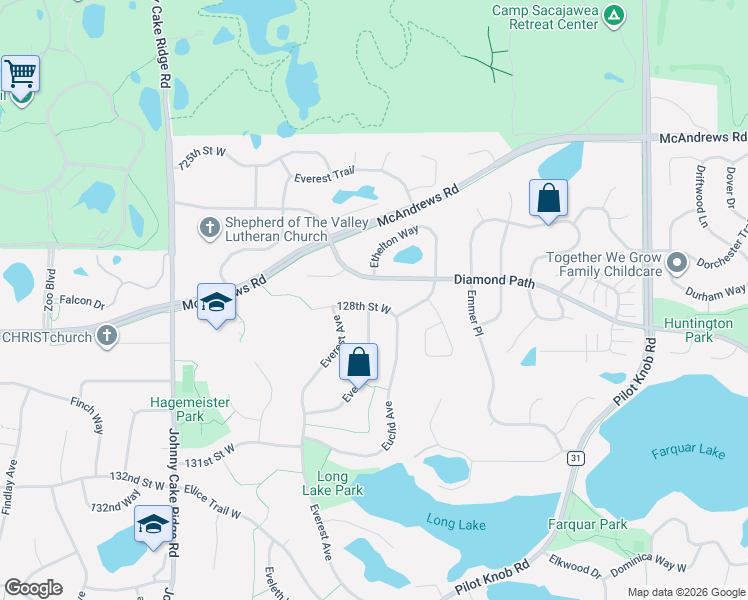 map of restaurants, bars, coffee shops, grocery stores, and more near 5601 128th Street West in Apple Valley