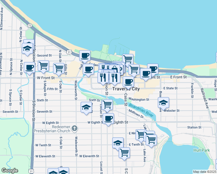 map of restaurants, bars, coffee shops, grocery stores, and more near in Traverse City