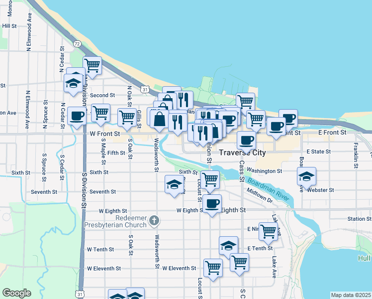 map of restaurants, bars, coffee shops, grocery stores, and more near 134 West State Street in Traverse City