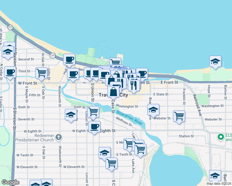 map of restaurants, bars, coffee shops, grocery stores, and more near in Traverse City