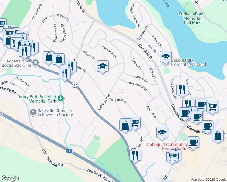 map of restaurants, bars, coffee shops, grocery stores, and more near 71 Skyridge Avenue in Lower Sackville