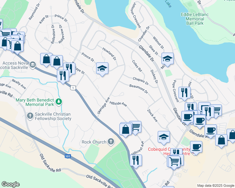 map of restaurants, bars, coffee shops, grocery stores, and more near 12 Belvedere Drive in Lower Sackville