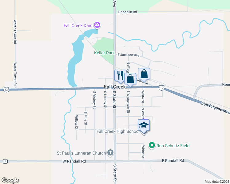 map of restaurants, bars, coffee shops, grocery stores, and more near in Fall Creek