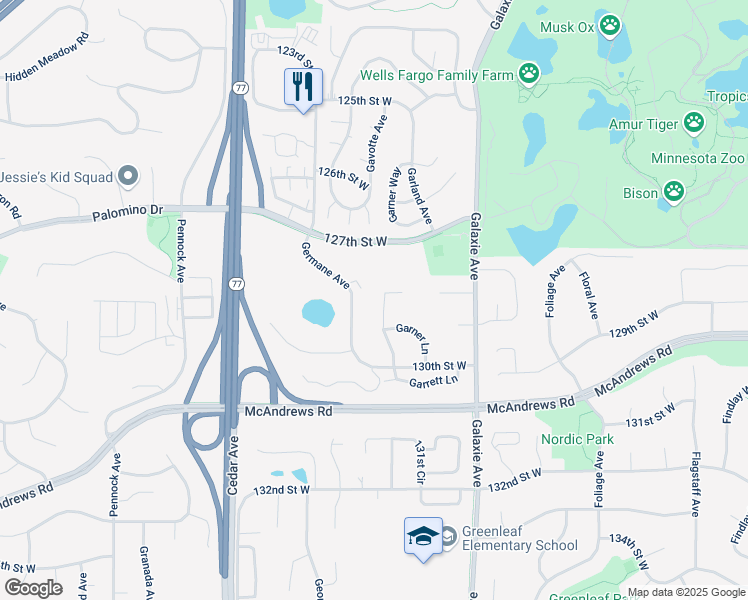 map of restaurants, bars, coffee shops, grocery stores, and more near 12871 Garrett Court in Apple Valley