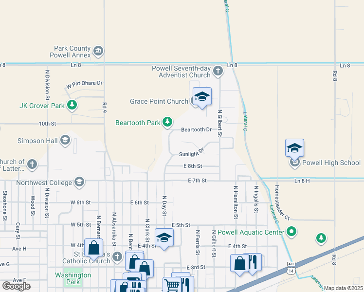map of restaurants, bars, coffee shops, grocery stores, and more near 936 Sylvan Court in Powell