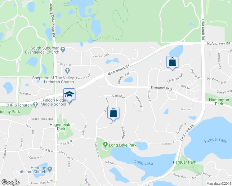 map of restaurants, bars, coffee shops, grocery stores, and more near 5601 128th Street West in Apple Valley