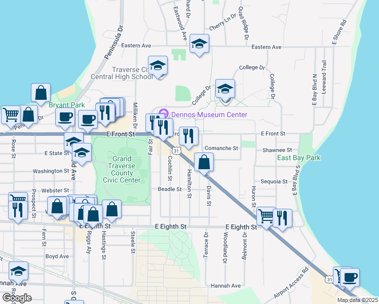 map of restaurants, bars, coffee shops, grocery stores, and more near 255 Munson Avenue in Traverse City