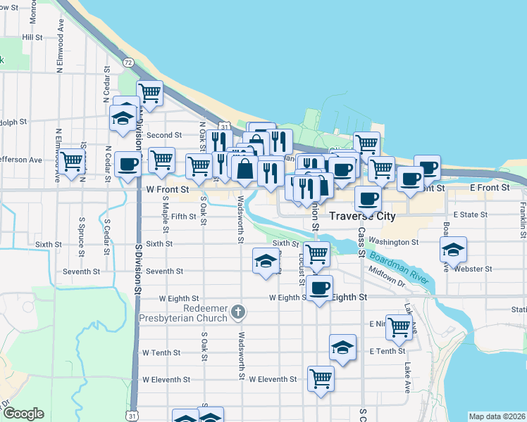 map of restaurants, bars, coffee shops, grocery stores, and more near 150 Pine Street in Traverse City