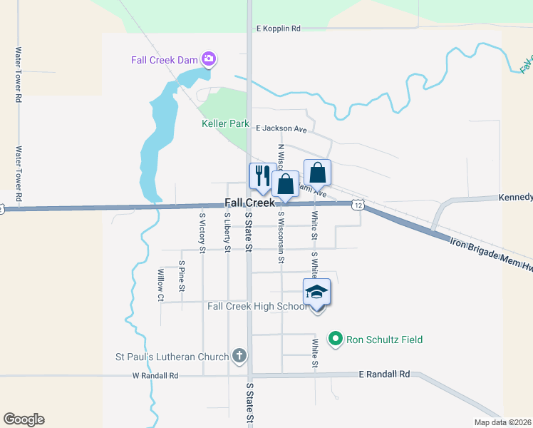 map of restaurants, bars, coffee shops, grocery stores, and more near in Fall Creek