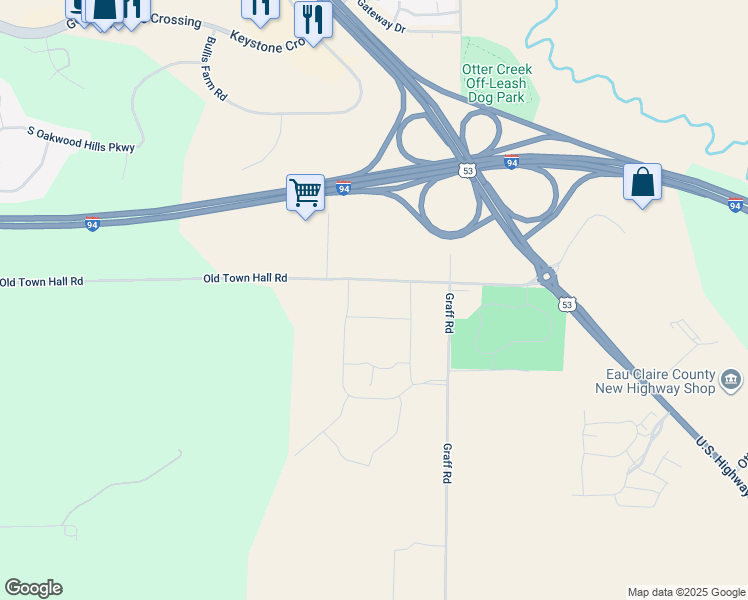 map of restaurants, bars, coffee shops, grocery stores, and more near 5399 Old Town Hall Road in Eau Claire