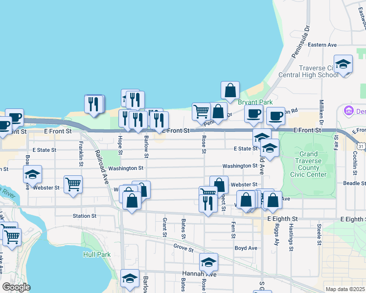 map of restaurants, bars, coffee shops, grocery stores, and more near 849 East State Street in Traverse City