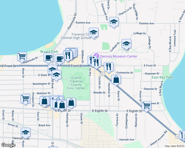 map of restaurants, bars, coffee shops, grocery stores, and more near 129 Fair Street in Traverse City