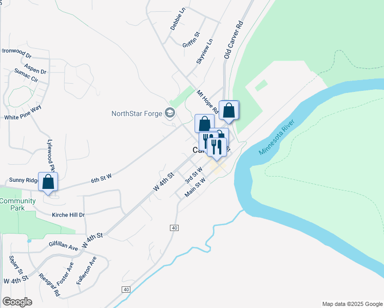 map of restaurants, bars, coffee shops, grocery stores, and more near 112 4th Street East in Carver