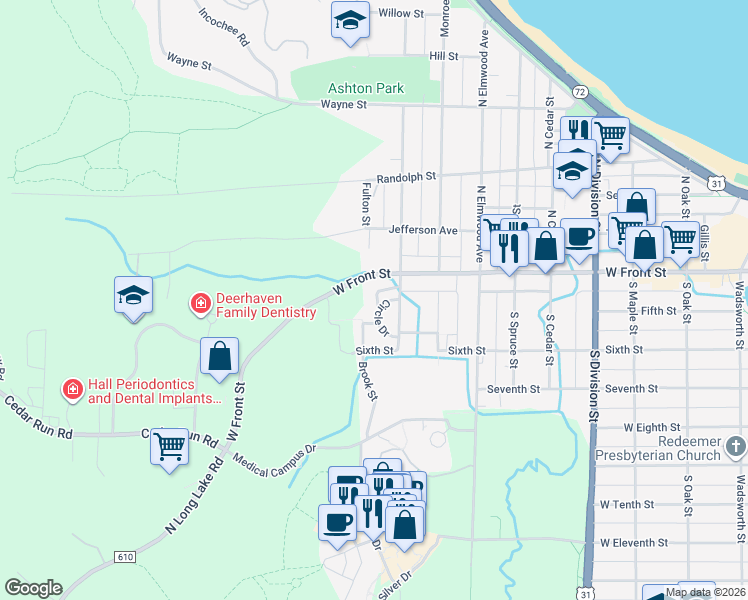 map of restaurants, bars, coffee shops, grocery stores, and more near 117 Beech Street in Traverse City