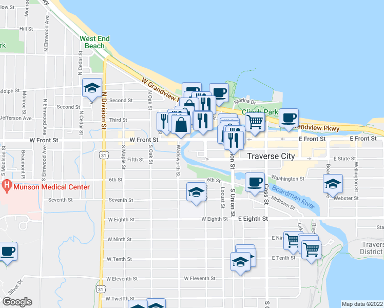 map of restaurants, bars, coffee shops, grocery stores, and more near 150 Pine Street in Traverse City