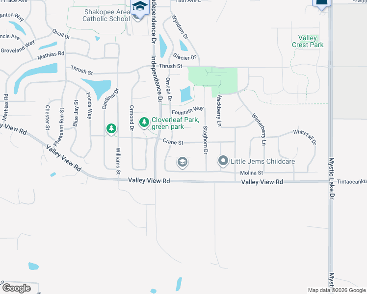 map of restaurants, bars, coffee shops, grocery stores, and more near 2992 Crane Street in Shakopee