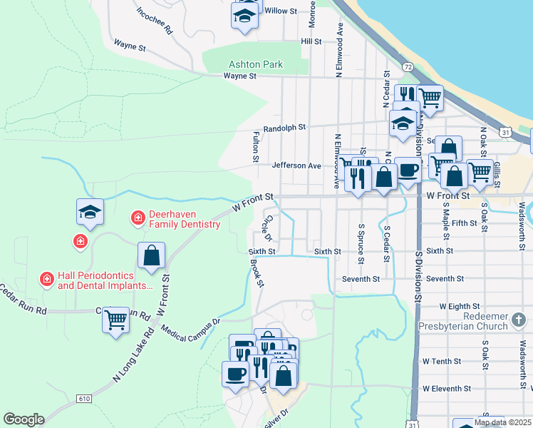 map of restaurants, bars, coffee shops, grocery stores, and more near 117 Beech Street in Traverse City