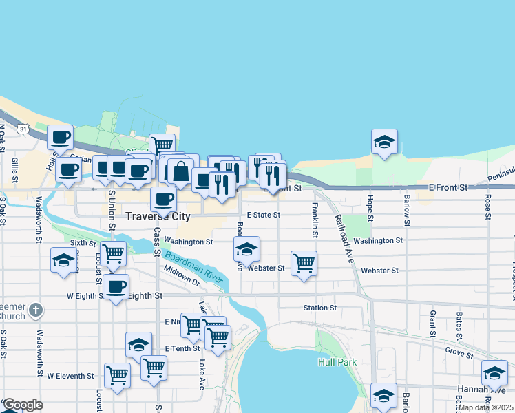 map of restaurants, bars, coffee shops, grocery stores, and more near 111 Boardman Avenue in Traverse City