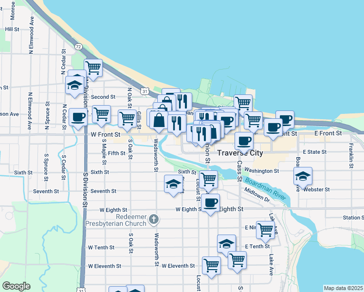 map of restaurants, bars, coffee shops, grocery stores, and more near 134 West State Street in Traverse City