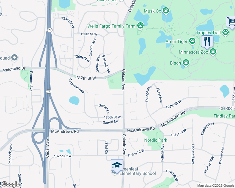 map of restaurants, bars, coffee shops, grocery stores, and more near 7034 128th Street Court in Apple Valley