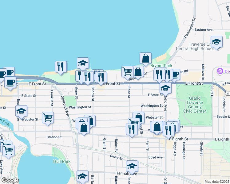 map of restaurants, bars, coffee shops, grocery stores, and more near 849 East State Street in Traverse City