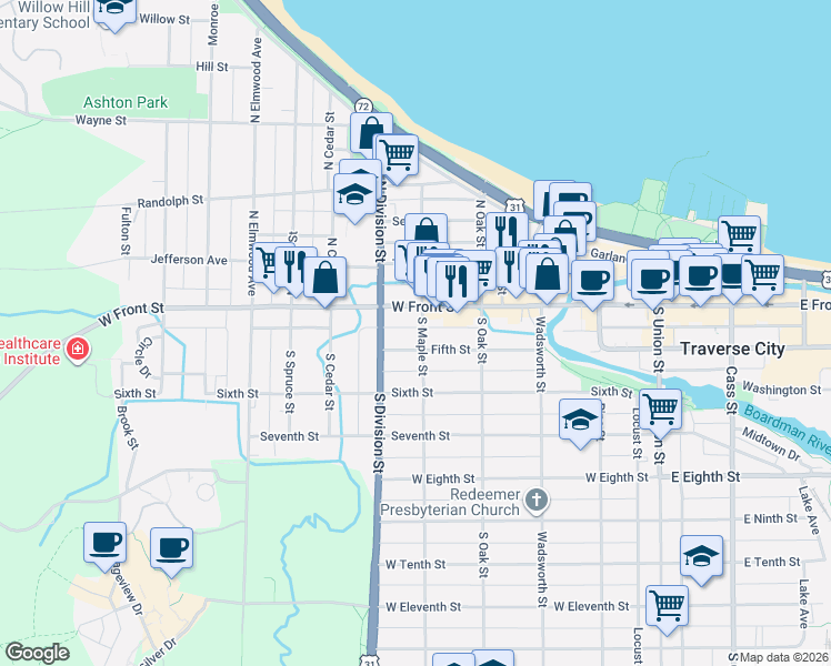 map of restaurants, bars, coffee shops, grocery stores, and more near 600-636 5th St in Traverse City