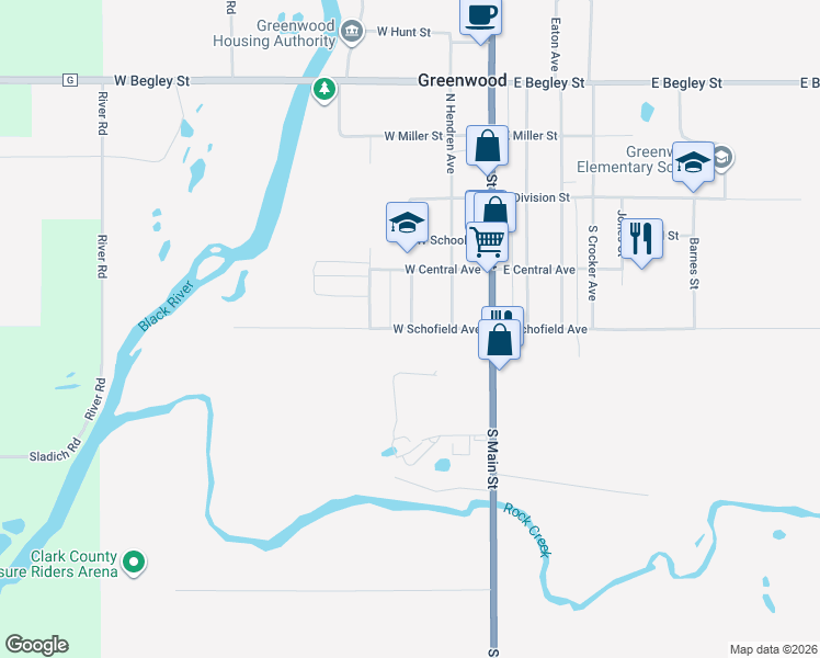map of restaurants, bars, coffee shops, grocery stores, and more near 303 West Schofield Avenue in Greenwood