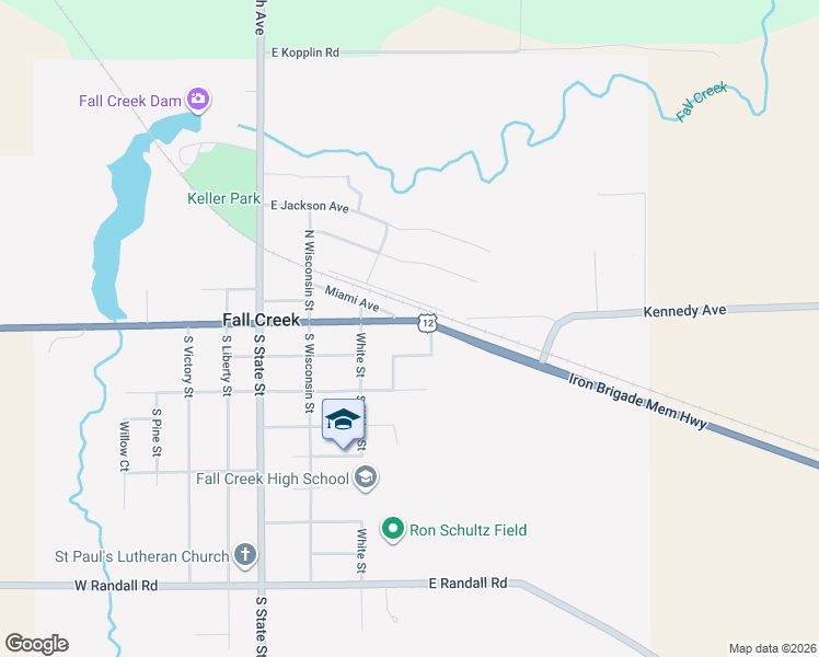 map of restaurants, bars, coffee shops, grocery stores, and more near 407 East Roosevelt Avenue in Fall Creek