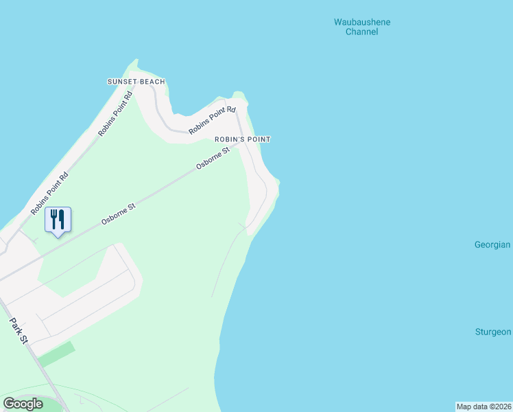 map of restaurants, bars, coffee shops, grocery stores, and more near 365 Robins Point Road in Simcoe County