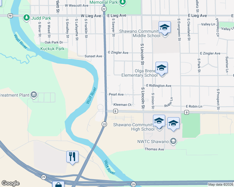 map of restaurants, bars, coffee shops, grocery stores, and more near 214 Pearl Avenue in Shawano