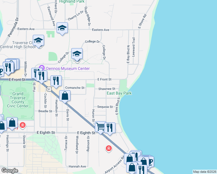map of restaurants, bars, coffee shops, grocery stores, and more near 203 Wenonah Street in Traverse City