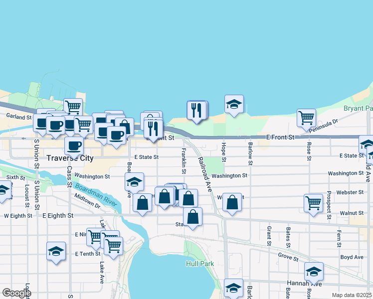 map of restaurants, bars, coffee shops, grocery stores, and more near 601 East State Street in Traverse City